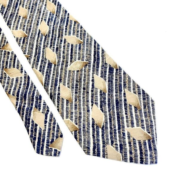 Surrey Blue Tan Striped Abstract Print Short‎ Wide Silk Tie - Picture 1 of 6